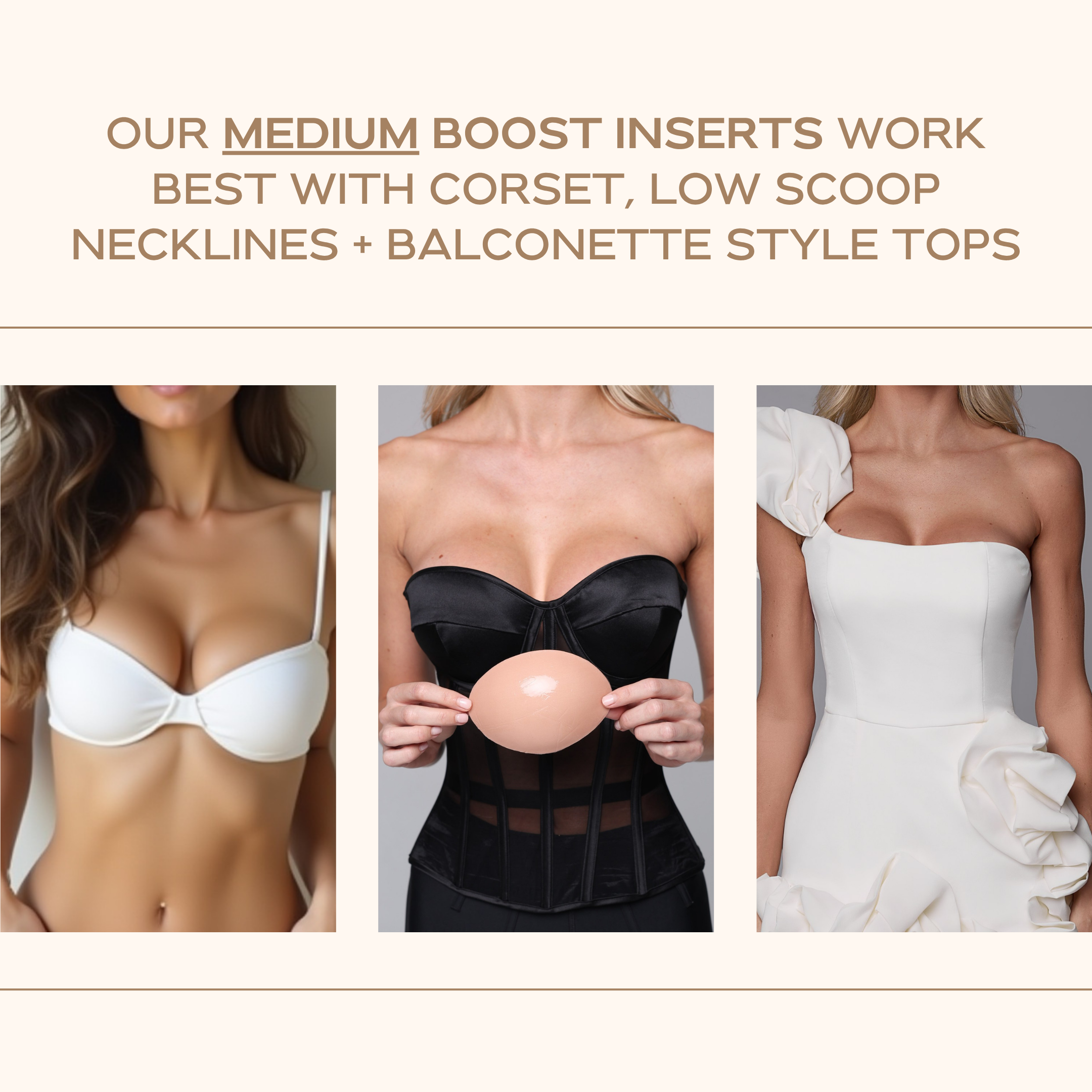 Promotional image for medium boost inserts with text and three models wearing different types of tops.