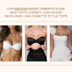 Promotional image for medium boost inserts with text and three models wearing different types of tops.