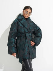 Monochrome Jacquard Down Coat in Vintage Emerald Alaska® Outerwear Company