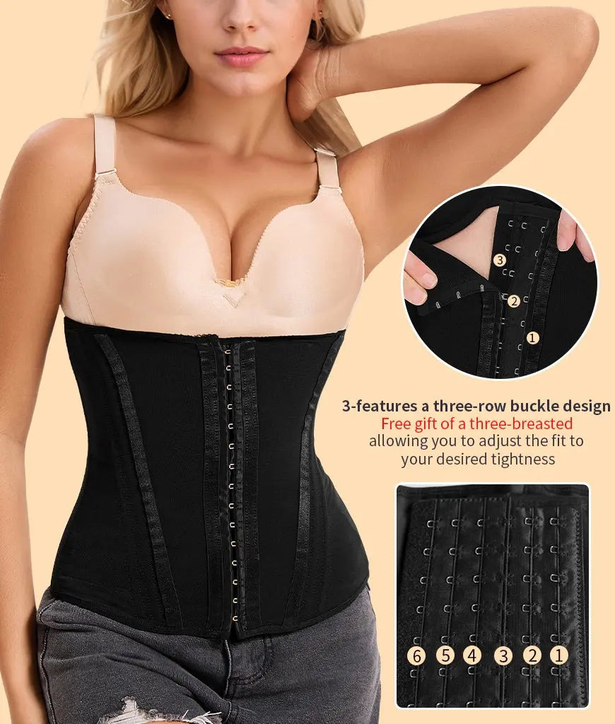 Woman wearing a black waist trainer with a beige top, on a beige background.