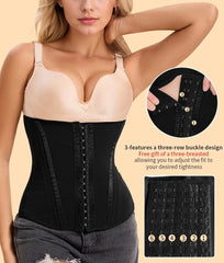 Woman wearing a black waist trainer with a beige top, on a beige background.