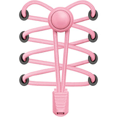 Pink shoe lace holder with black clips on a white background