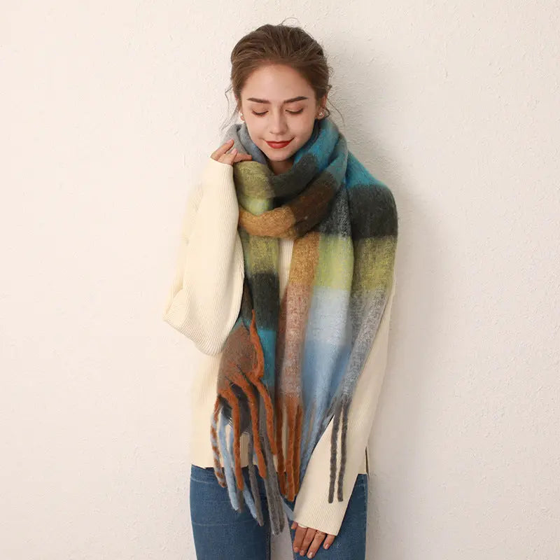 Women's Grid Patterned Scarf with Tassels Family Shopolf