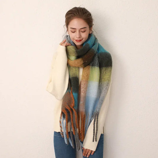 Women's Grid Patterned Scarf with Tassels Family Shopolf