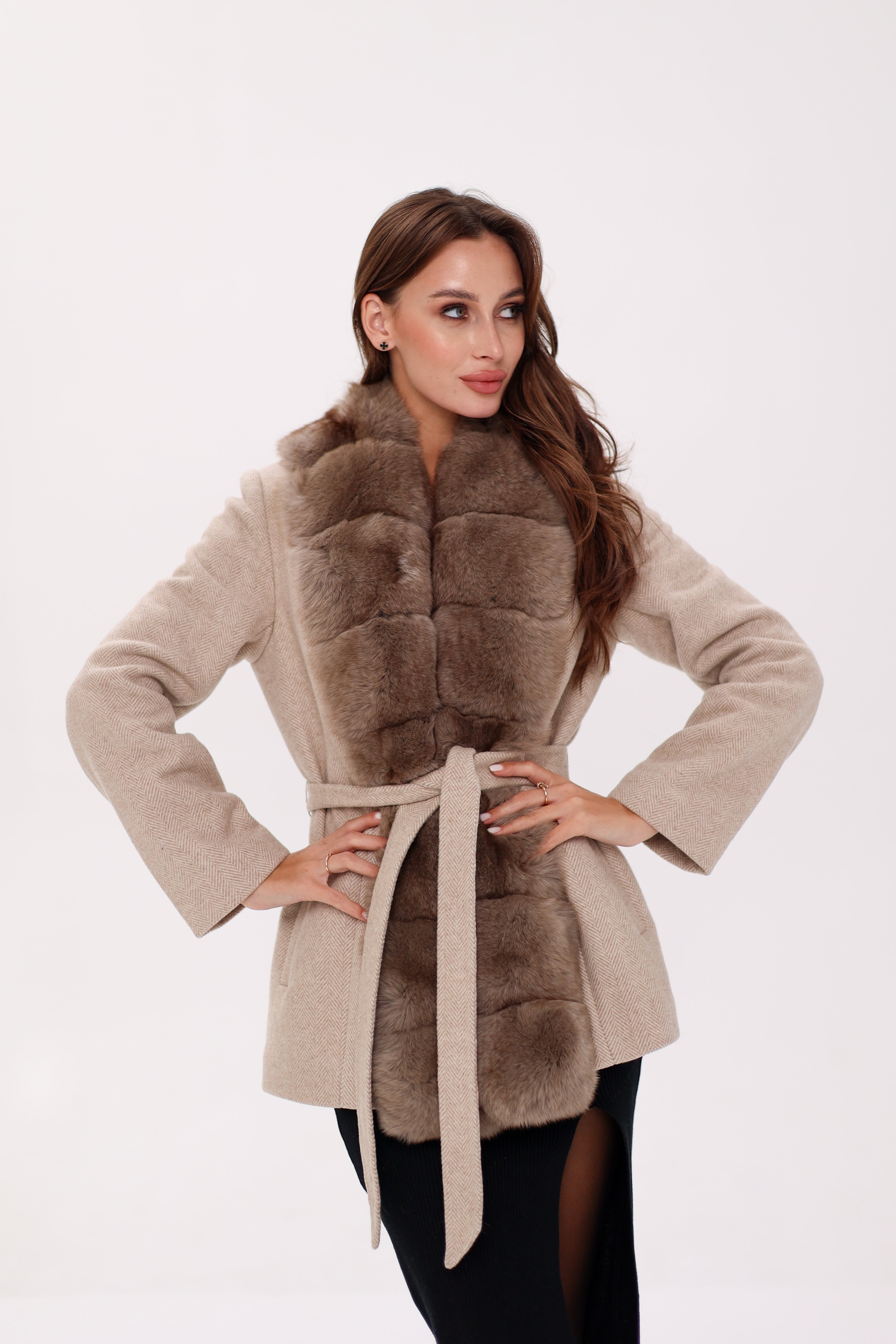 Genuine Polar Fox Fur Virgin Wool Coat in Nude Alaska® Outerwear Company