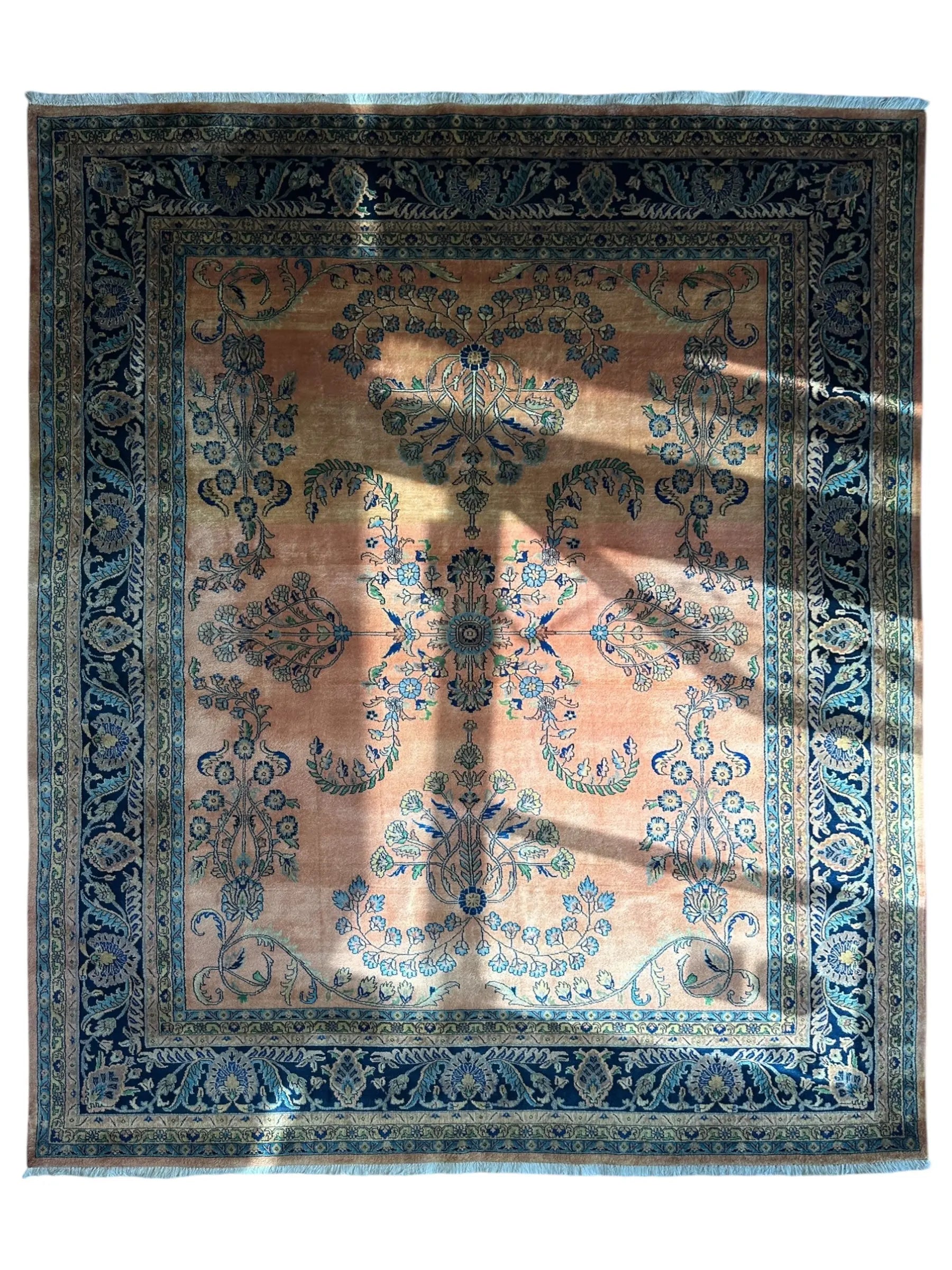 Hand-Knotted Indo-Sarouk Wool Rug – 8' x 10' – Peach Field with Navy Border Rugistan