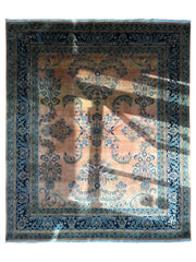 Hand-Knotted Indo-Sarouk Wool Rug – 8' x 10' – Peach Field with Navy Border Rugistan