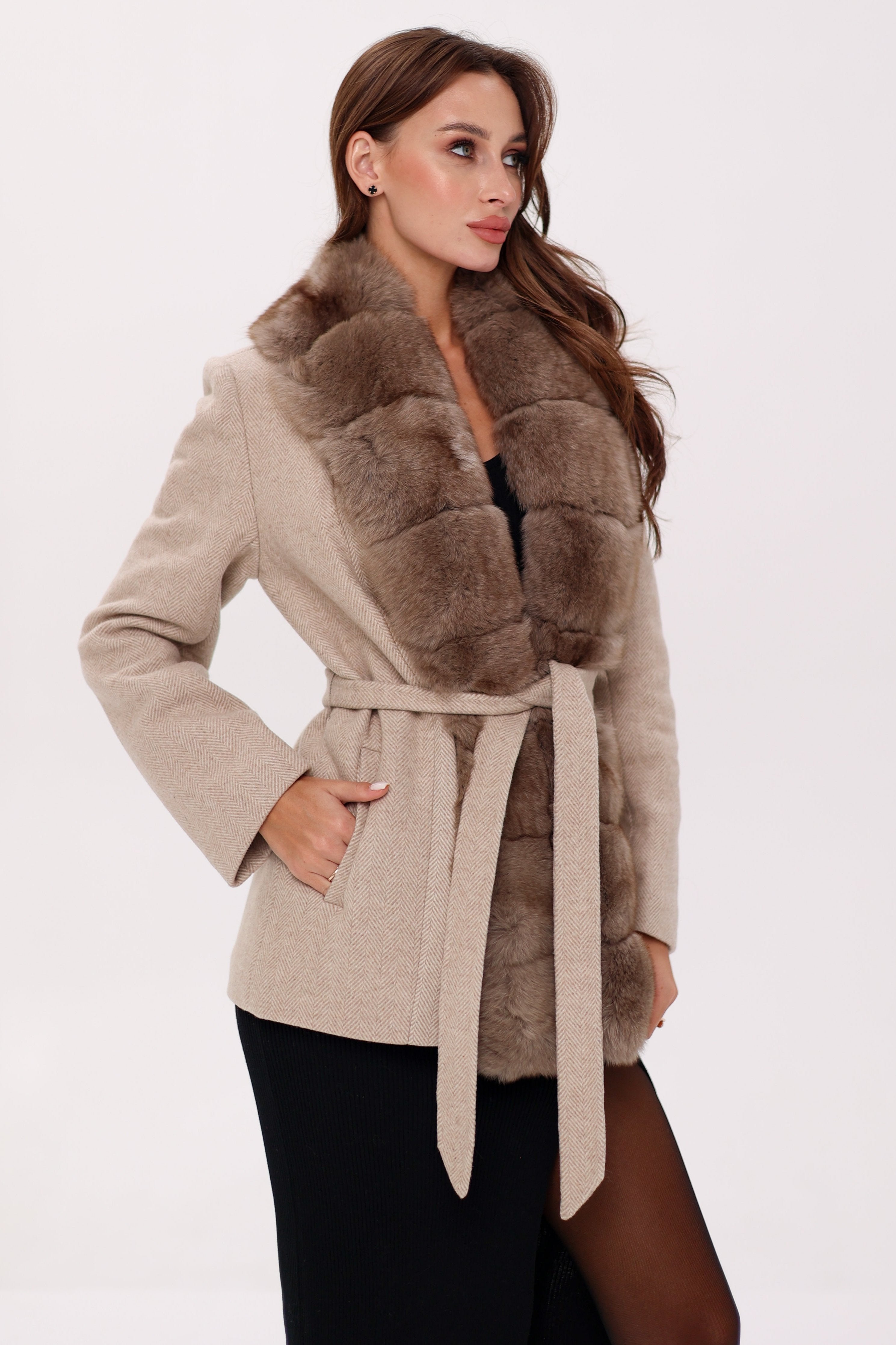Genuine Polar Fox Fur Virgin Wool Coat in Nude Alaska® Outerwear Company