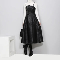 Long PU Leather Suspender Skirt – Adjustable Straps Family Shopolf