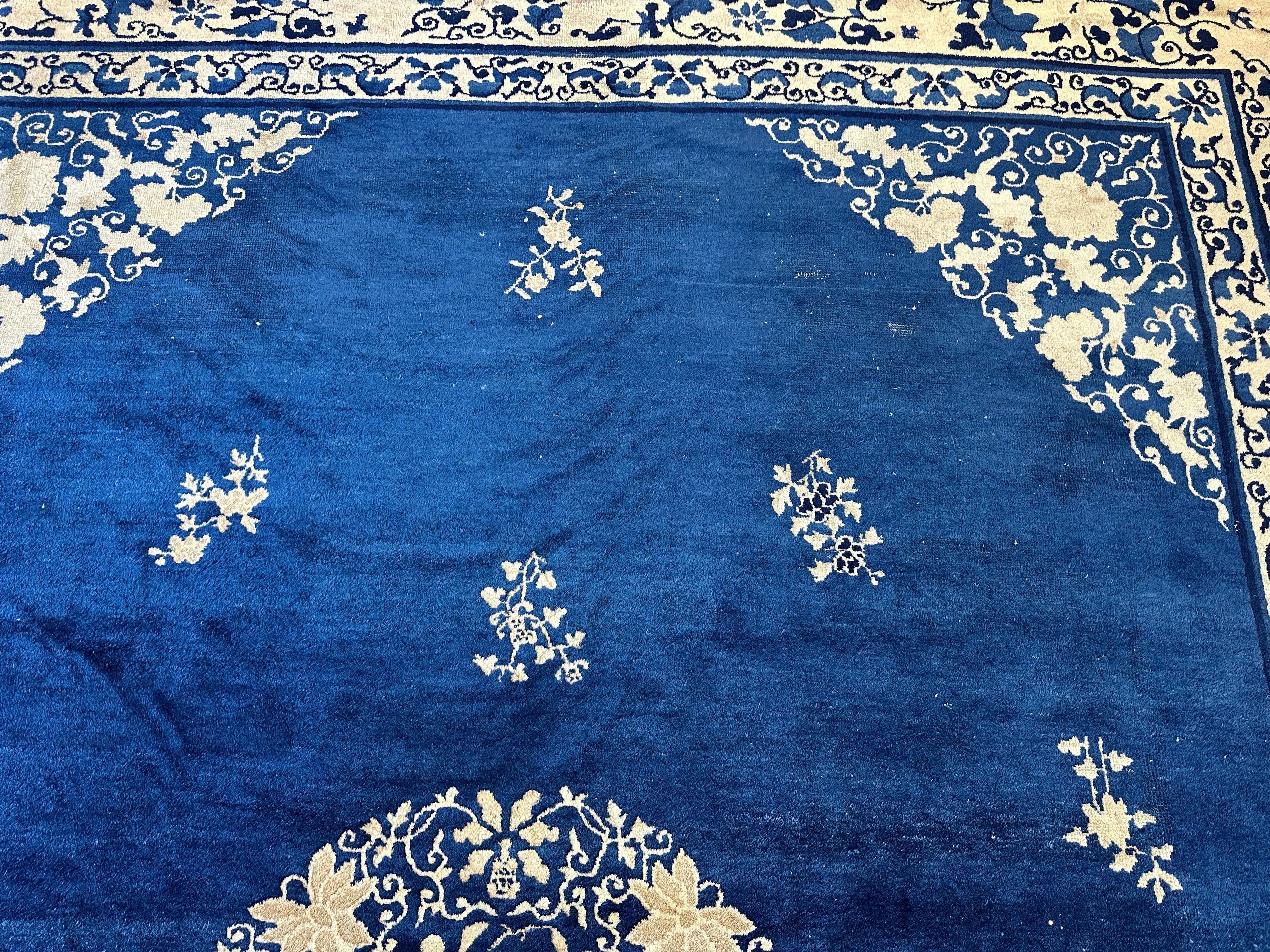 Hand-Knotted Antique Chinese Peking Wool Rug – 9’ x 11’5” – Distressed Blue, 19th Century Rugistan