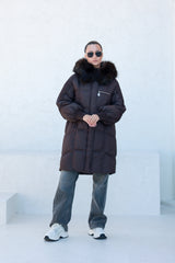 Dakota Genuine Fur Trim Down Fill Coat in Fig