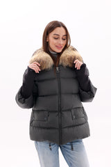Genuine Fur Trim Down Fill Coat in Black