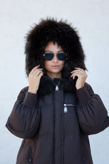 Dakota Genuine Fur Trim Down Fill Coat in Chocolate