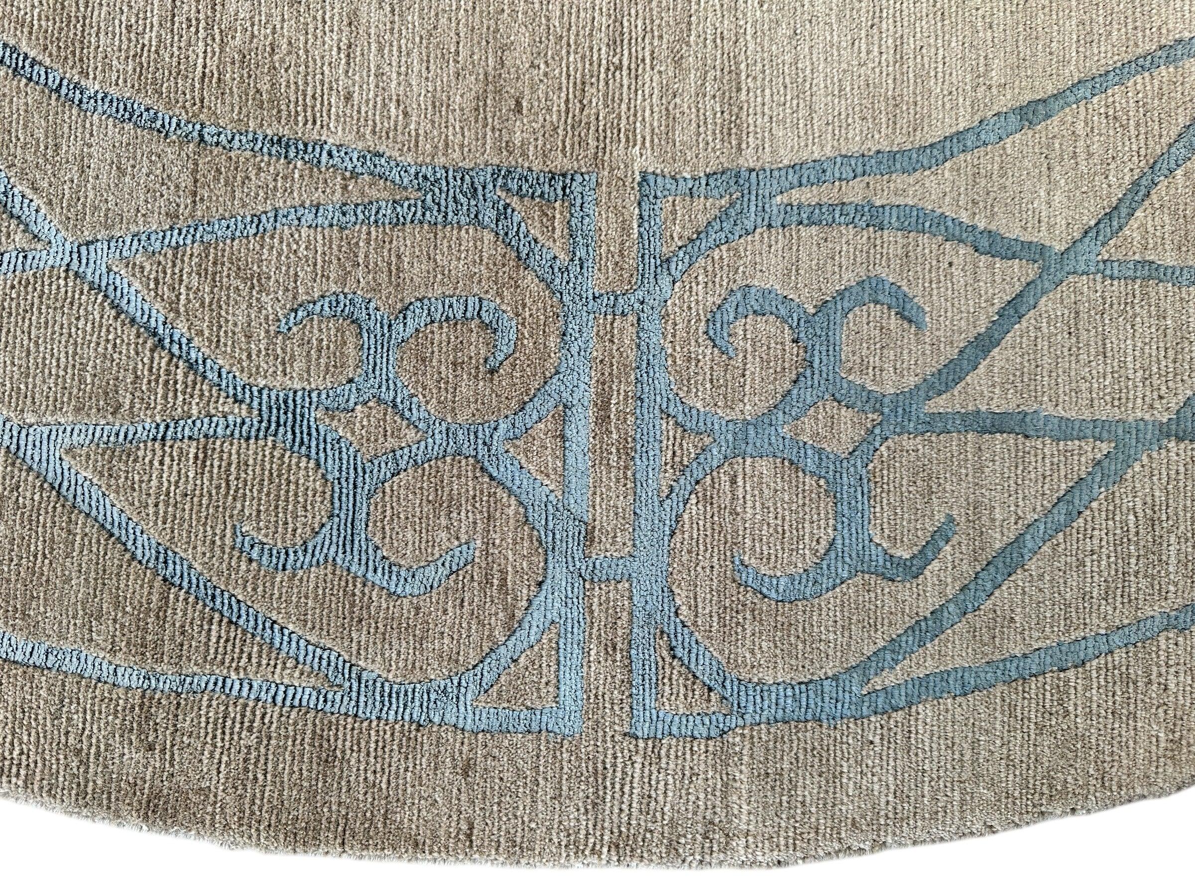 Hand-Knotted Tibetan Rug - 6' x 6'1" Round - Wool & Silk - Elegant Blue Border Design Rugistan