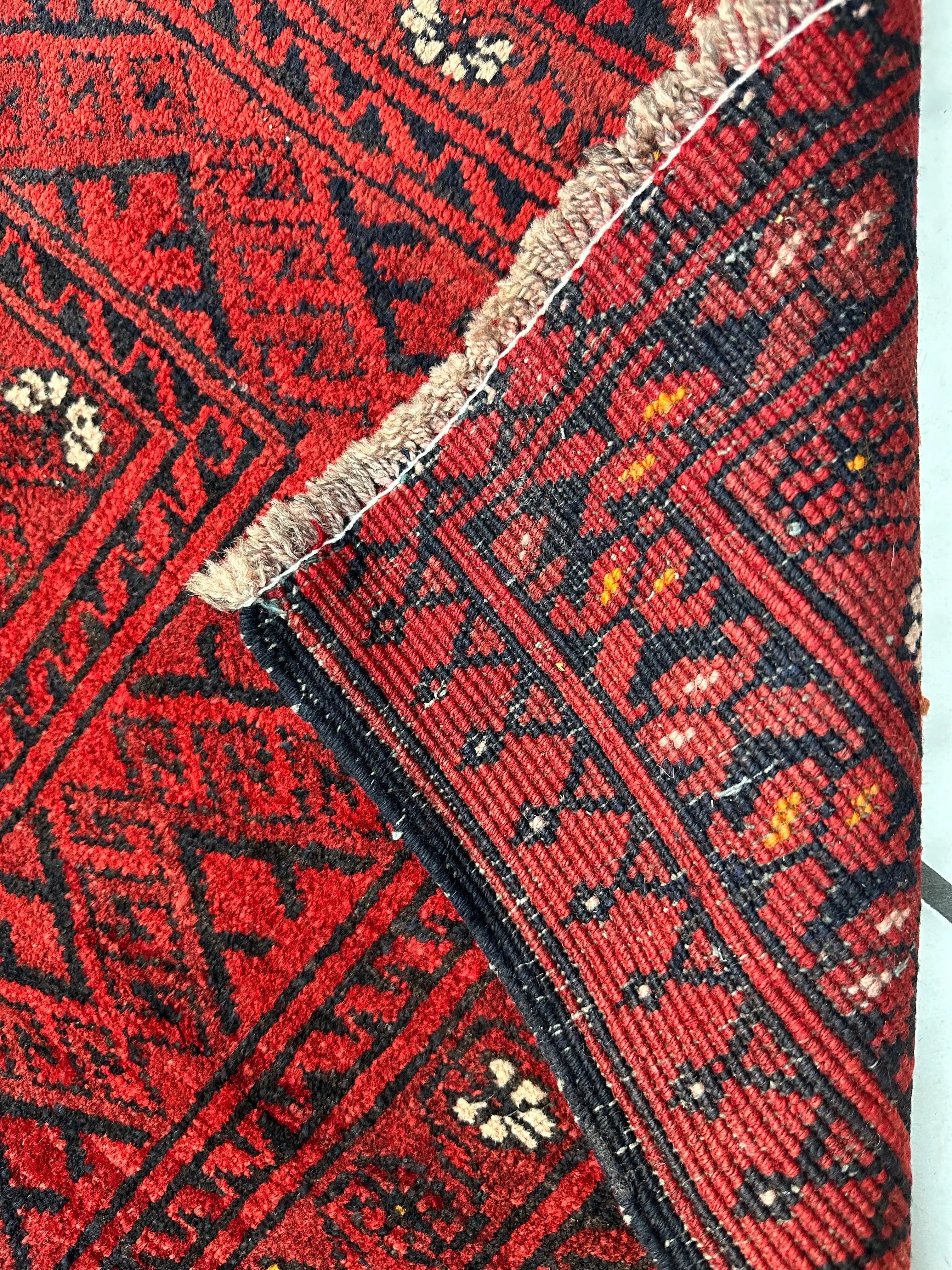 Hand-Knotted Afghan Turkoman Waziri Wool Rug – 6'9" x 9'6" – Vintage Red Elegance Rugistan