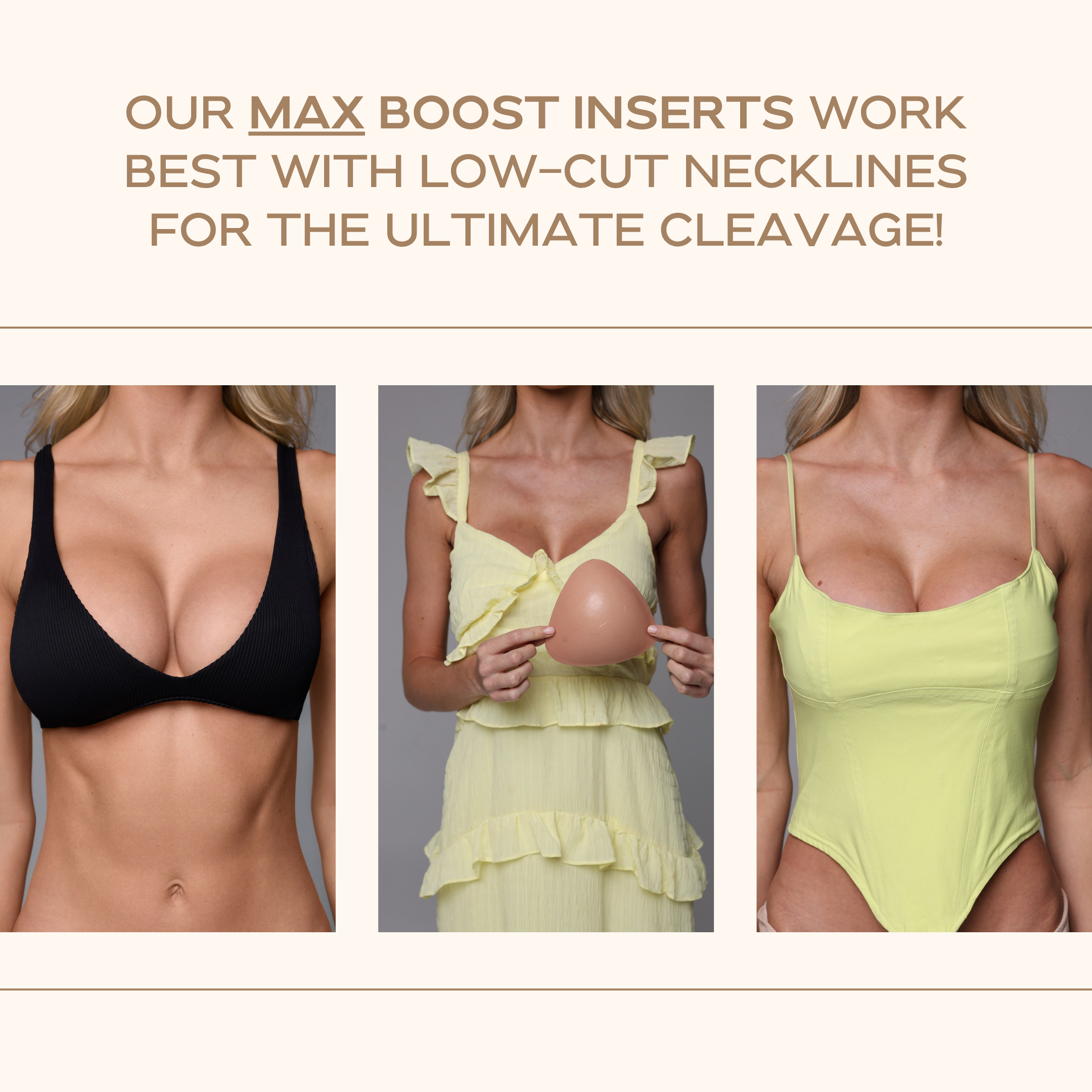Three images showing women wearing different types of clothing with text about product use.
