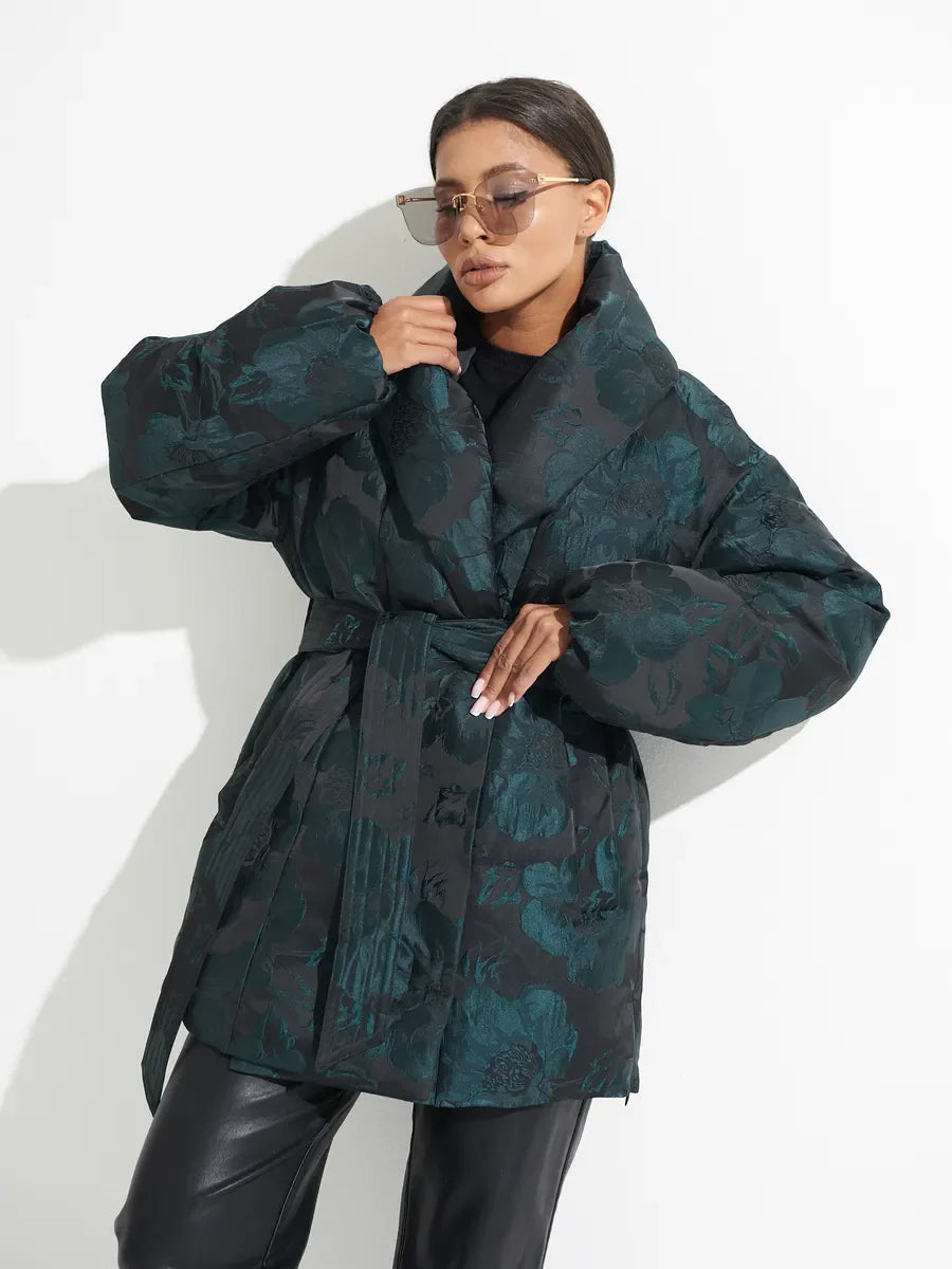 Monochrome Jacquard Down Coat in Vintage Emerald Alaska® Outerwear Company