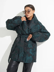 Monochrome Jacquard Down Coat in Vintage Emerald Alaska® Outerwear Company