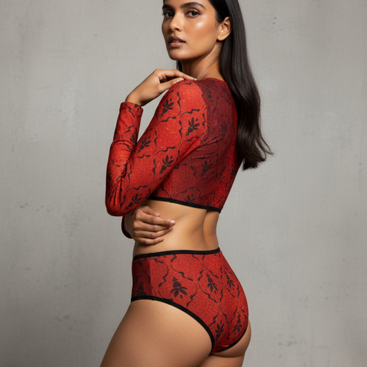 Woman wearing a red lace lingerie set against a gray background