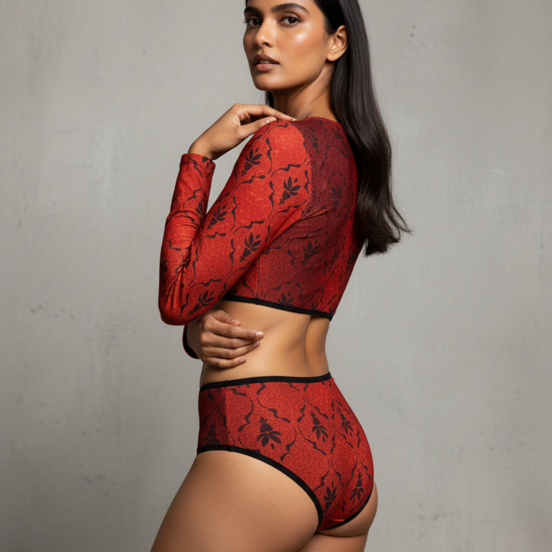 Woman wearing a red lace lingerie set against a gray background