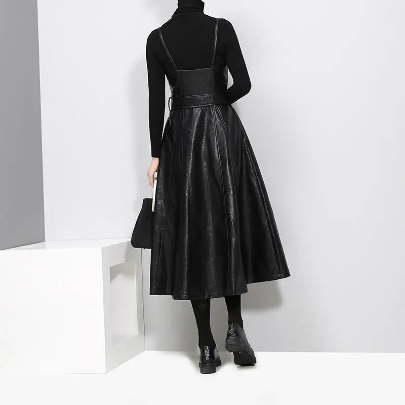 Long PU Leather Suspender Skirt – Adjustable Straps Family Shopolf