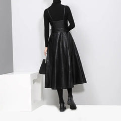 Long PU Leather Suspender Skirt – Adjustable Straps Family Shopolf