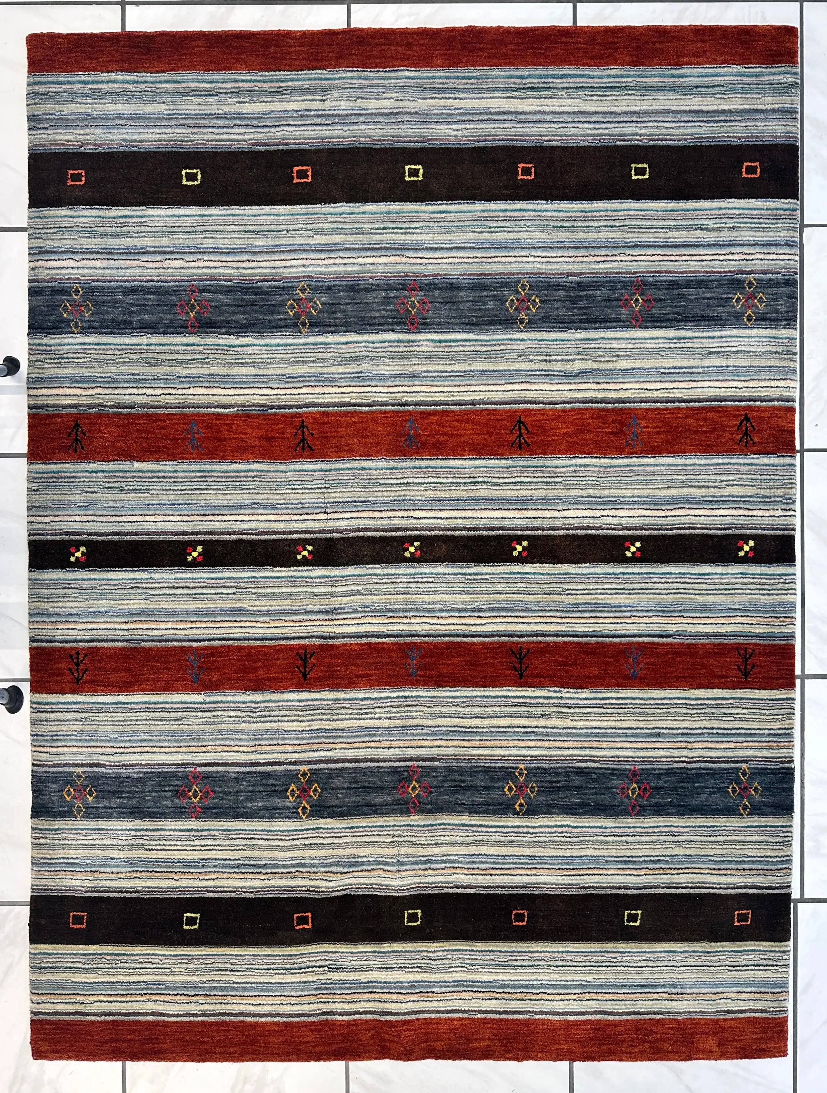 Hand-Knotted Indo-Gabbeh Wool & Bamboo Rug – 5'2" x 7' – Durable Striped Design Rugistan