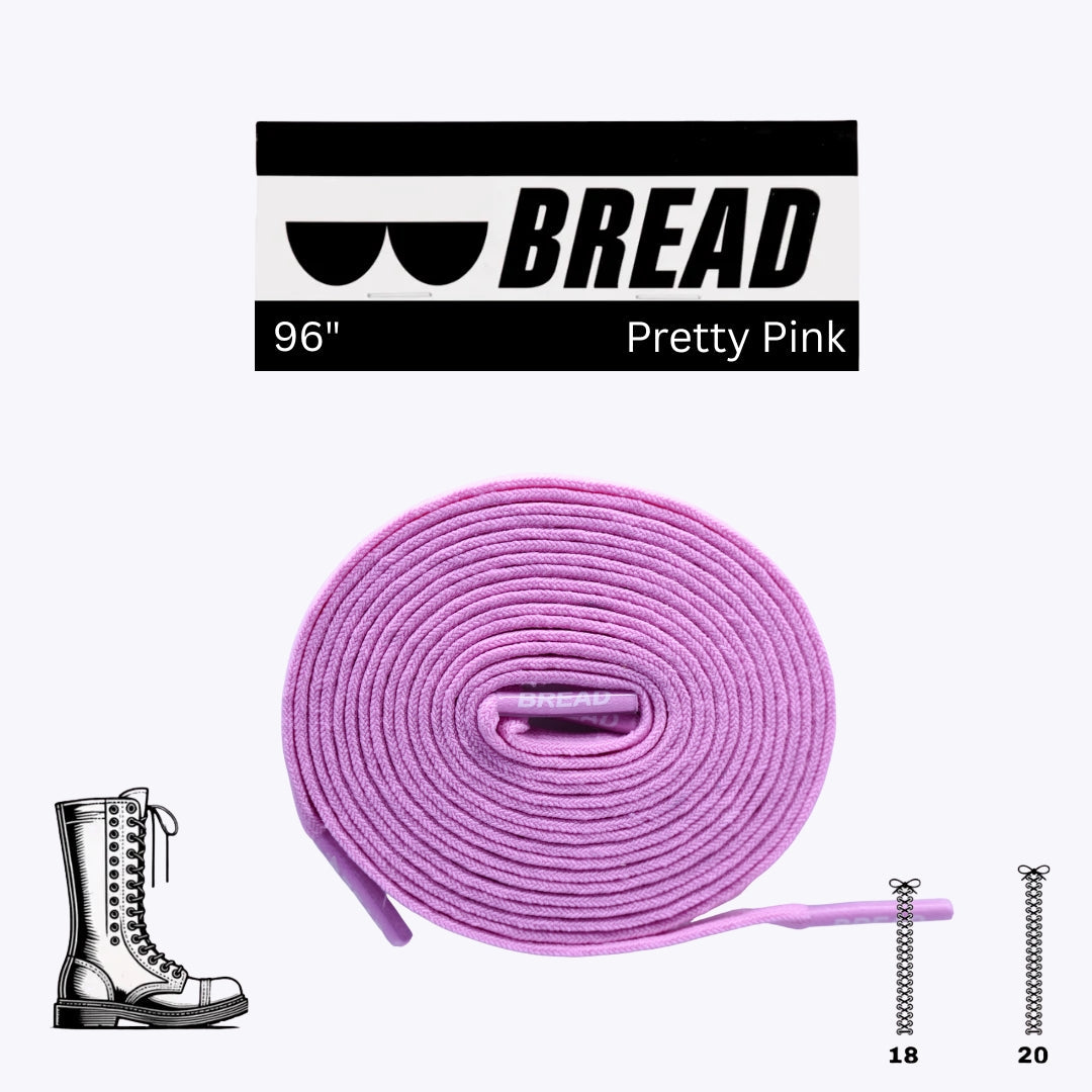 Purple shoelace with 'BREAD' branding and product details on a white background