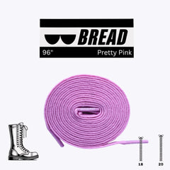 Purple shoelace with 'BREAD' branding and product details on a white background
