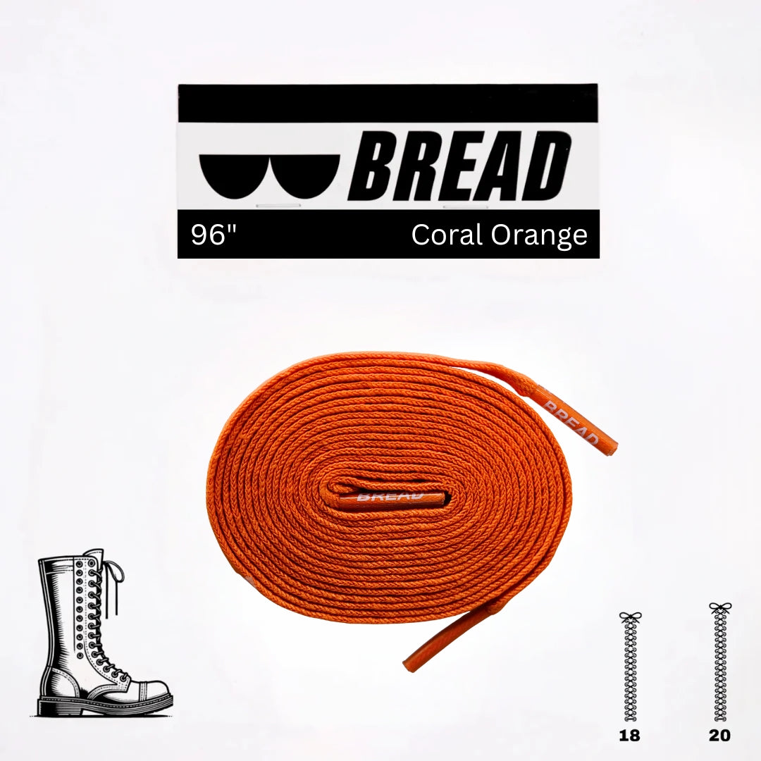 Orange shoelace with 'BREAD' branding on a white background