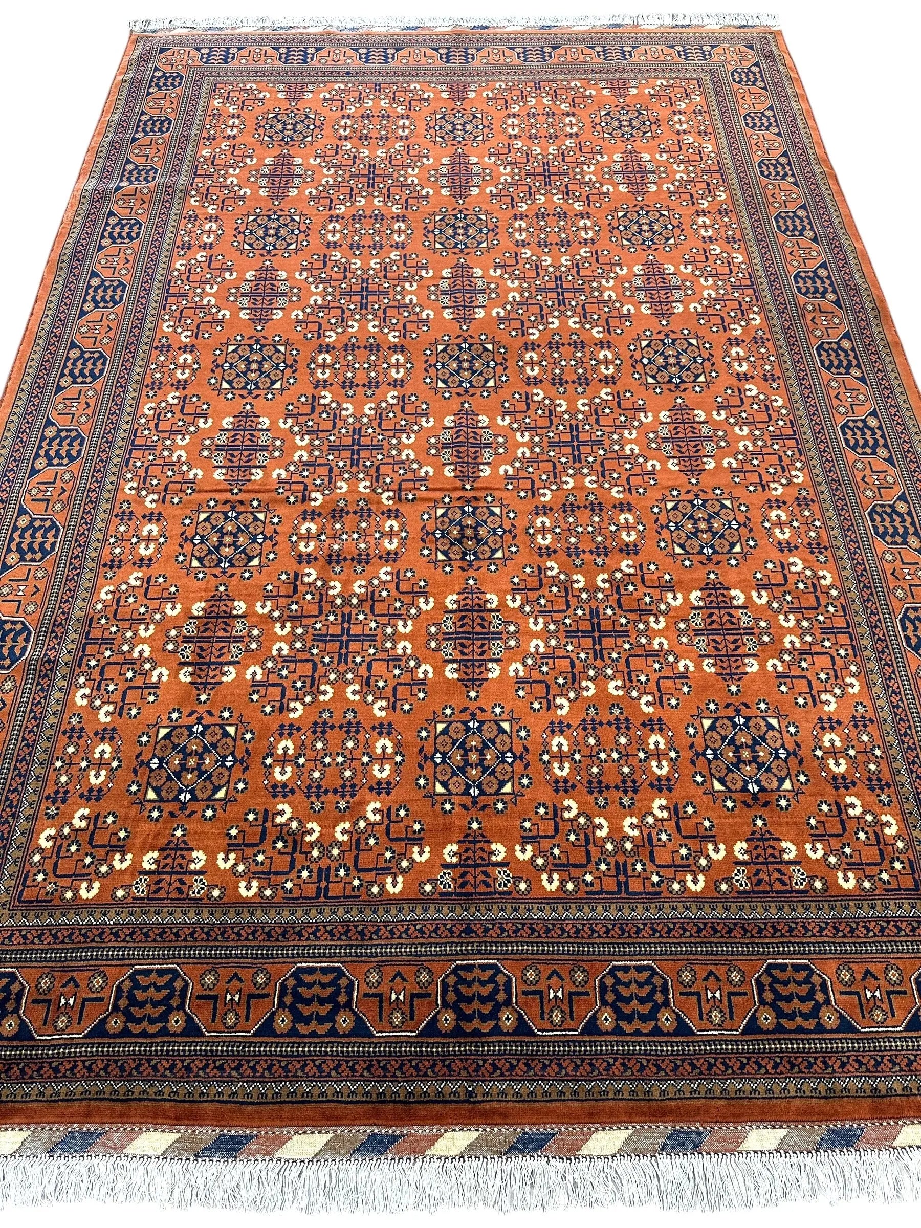 Hand-Knotted Afghani Bukharayi Rug | 6'7" x 10' Wool Area Carpet – Traditional Geometric Design Rugistan