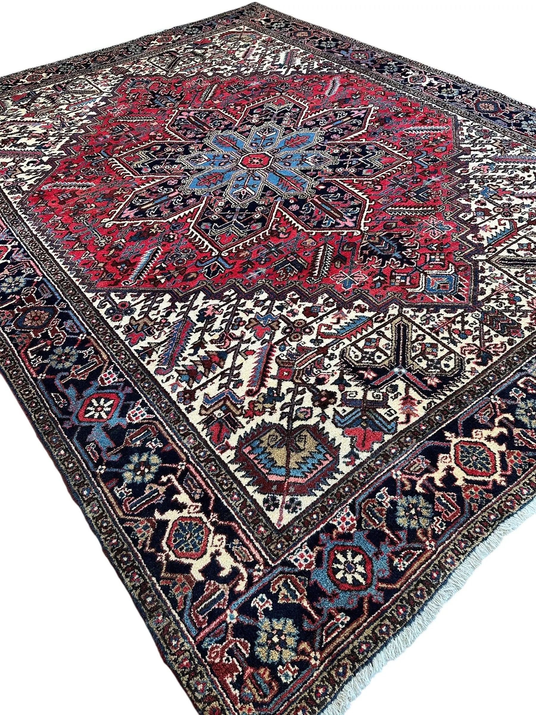 Hand-Knotted Persian Heriz Wool Rug – 9’ x 12’ – Geometric Medallion Design Rugistan
