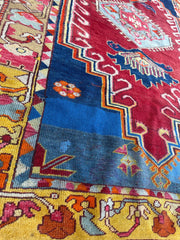 Hand-Knotted Antique Turkish Melas Wool Rug – 4'3" x 5'11" – Vibrant Geometric Motifs Rugistan