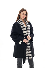 Genuine French Orylag Fur Italian Cashmere Wool Coat 85cm