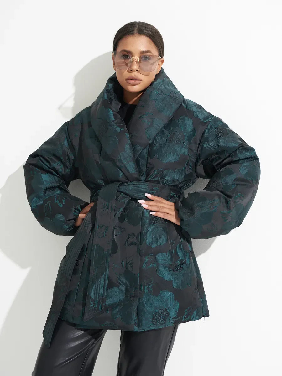 Monochrome Jacquard Down Coat in Vintage Emerald Alaska® Outerwear Company