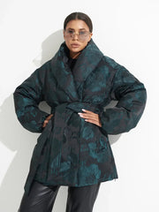 Monochrome Jacquard Down Coat in Vintage Emerald Alaska® Outerwear Company