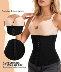 Woman wearing a black waist trainer with beige top, surrounded by close-up insets and text about comfort and suitability.