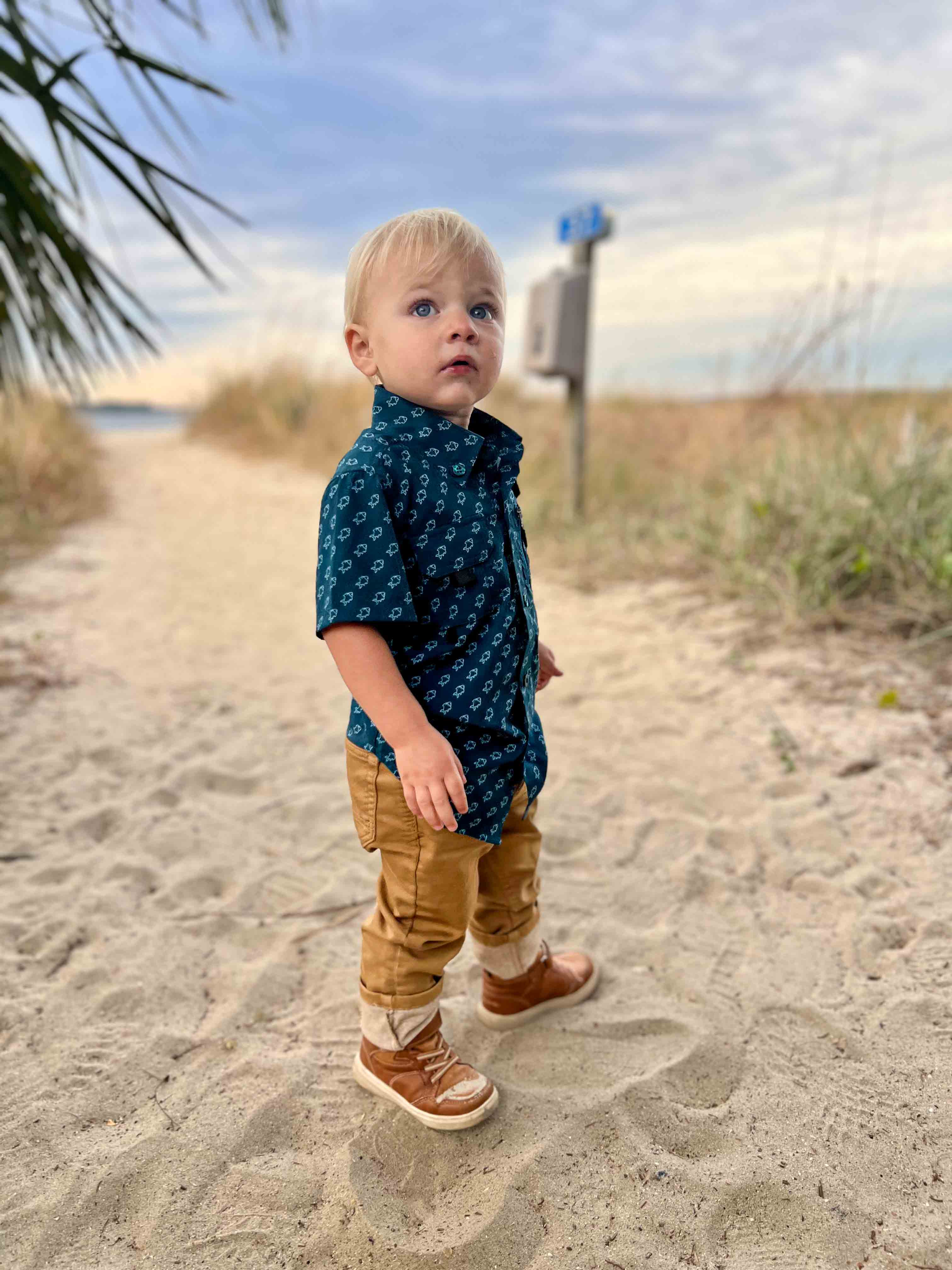 Child standing on a sandy path with beach vegetation and a blue sky in the background