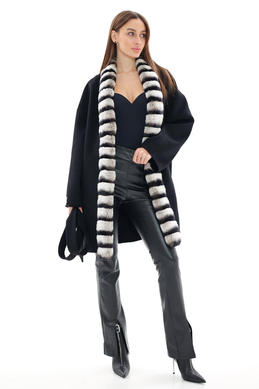 Genuine French Orylag Fur Italian Cashmere Wool Coat 85cm