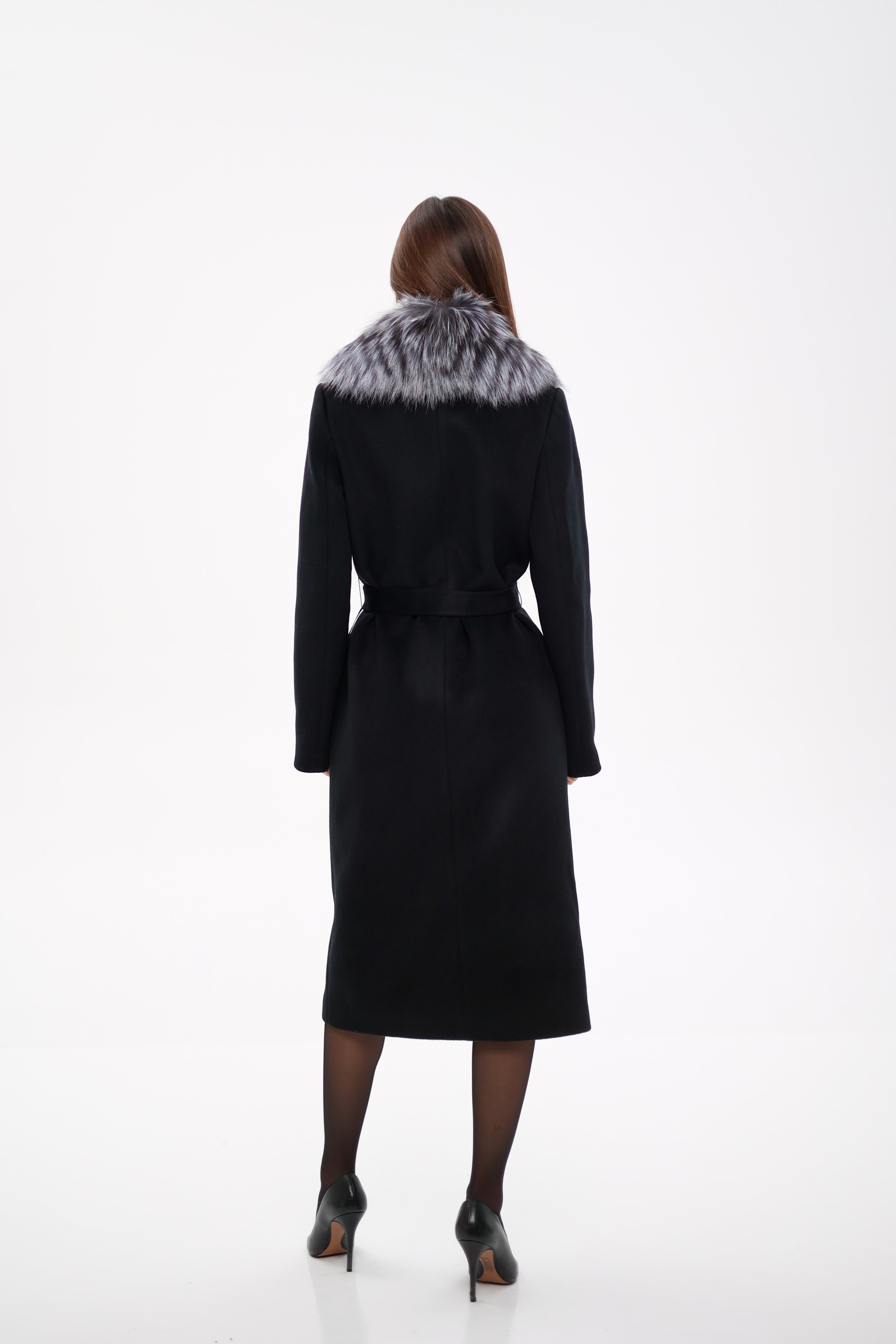 Genuine Silver Fox Virgin Wool Wrap Coat in Black Alaska® Outerwear Company