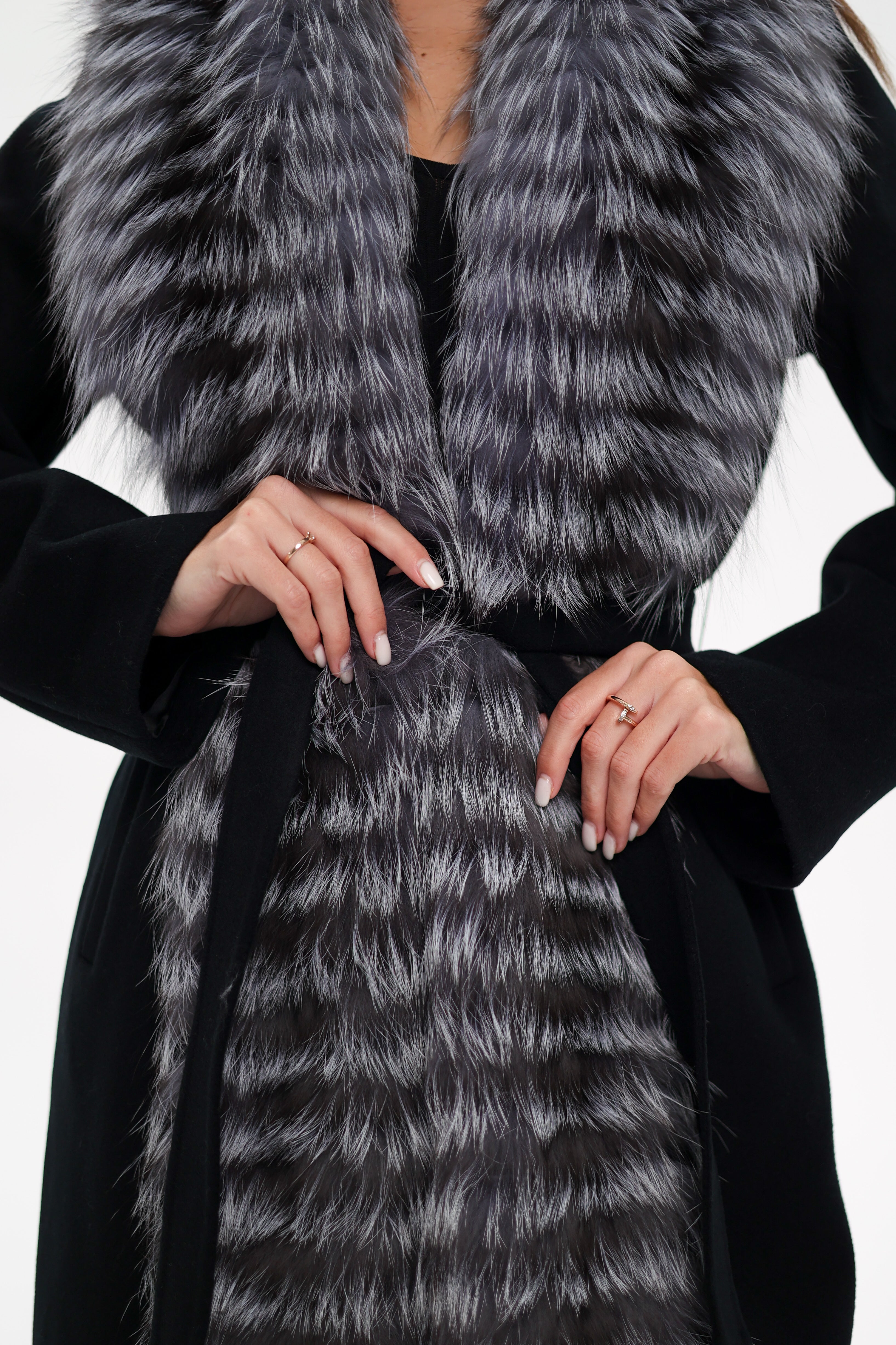 Genuine Silver Fox Virgin Wool Wrap Coat in Black Alaska® Outerwear Company