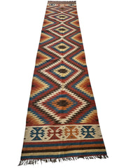 Hand-Knotted Afghan Kilim Wool Runner Rug – 2’8” x 12’4” – Vintage Full Geometric Design Rugistan