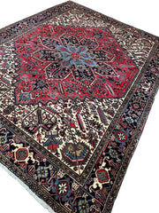 Hand-Knotted Persian Heriz Wool Rug – 9’ x 12’ – Geometric Medallion Design Rugistan