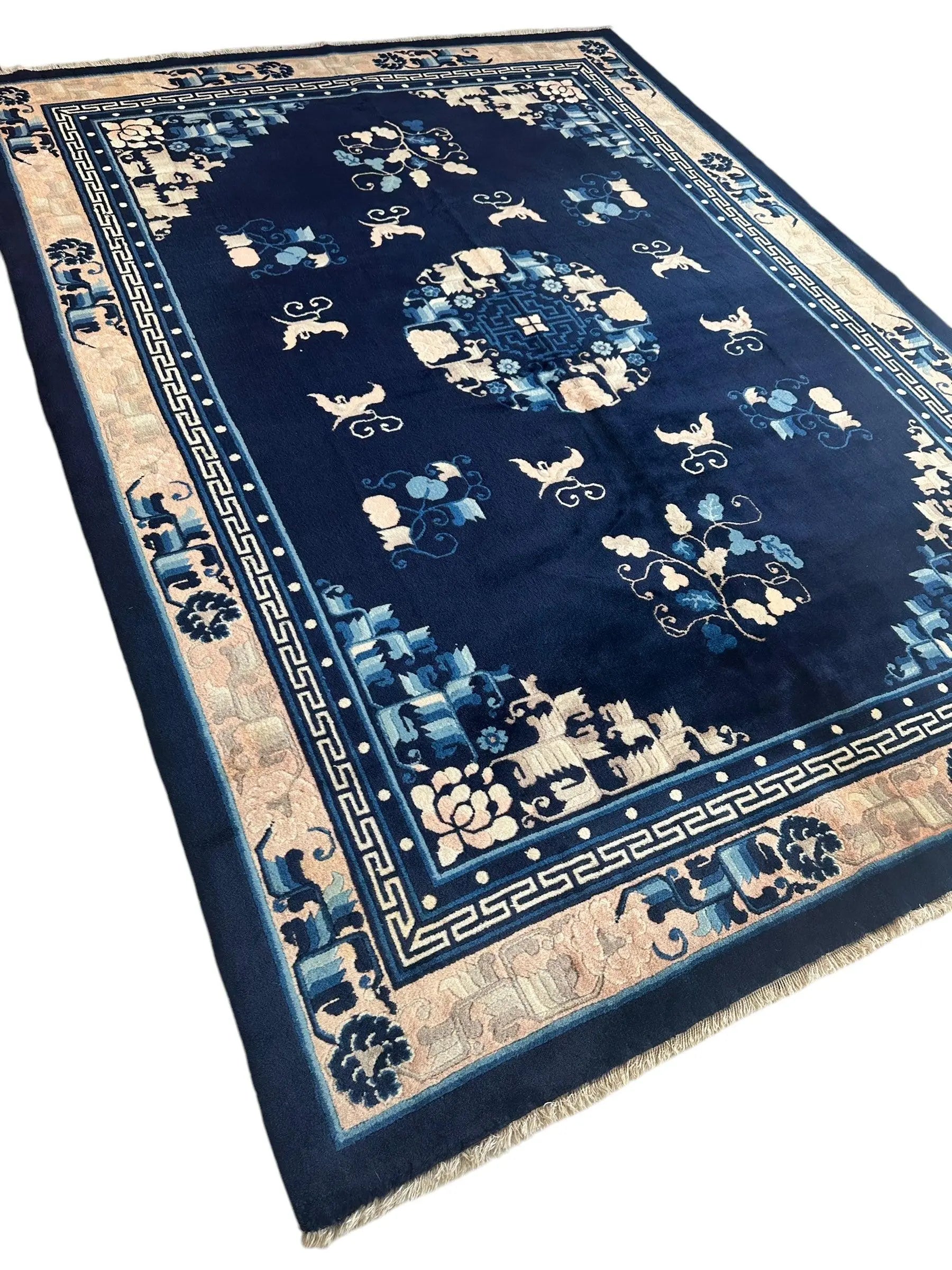 Hand-Knotted Antique Chinese Peking Wool Rug – 5’6” x 7’6” – Full Pile Navy and Cream Design Rugistan