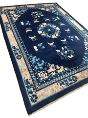 Hand-Knotted Antique Chinese Peking Wool Rug – 5’6” x 7’6” – Full Pile Navy and Cream Design Rugistan