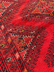 Hand-Knotted Afghan Turkoman Waziri Wool Rug – 6'9" x 9'6" – Vintage Red Elegance Rugistan