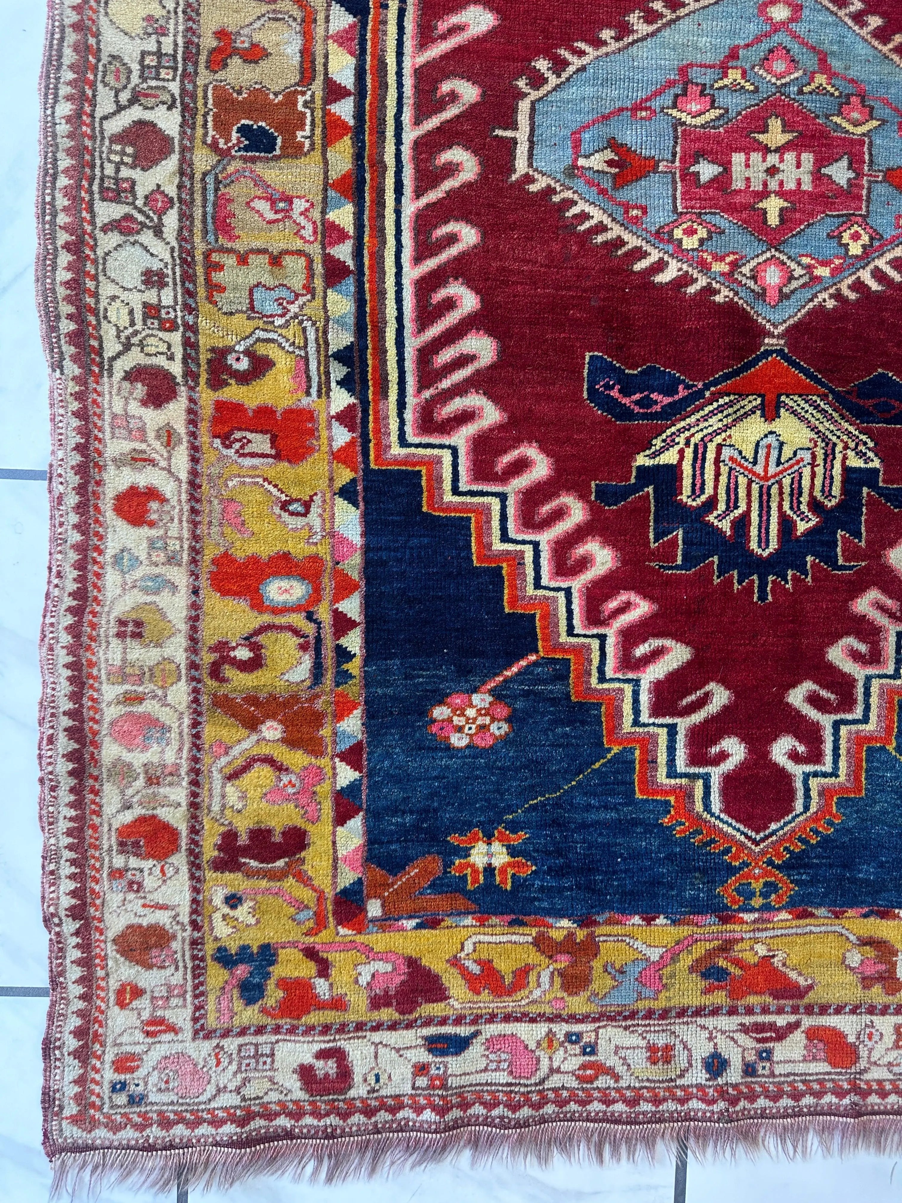 Hand-Knotted Antique Turkish Melas Wool Rug – 4'3" x 5'11" – Vibrant Geometric Motifs Rugistan