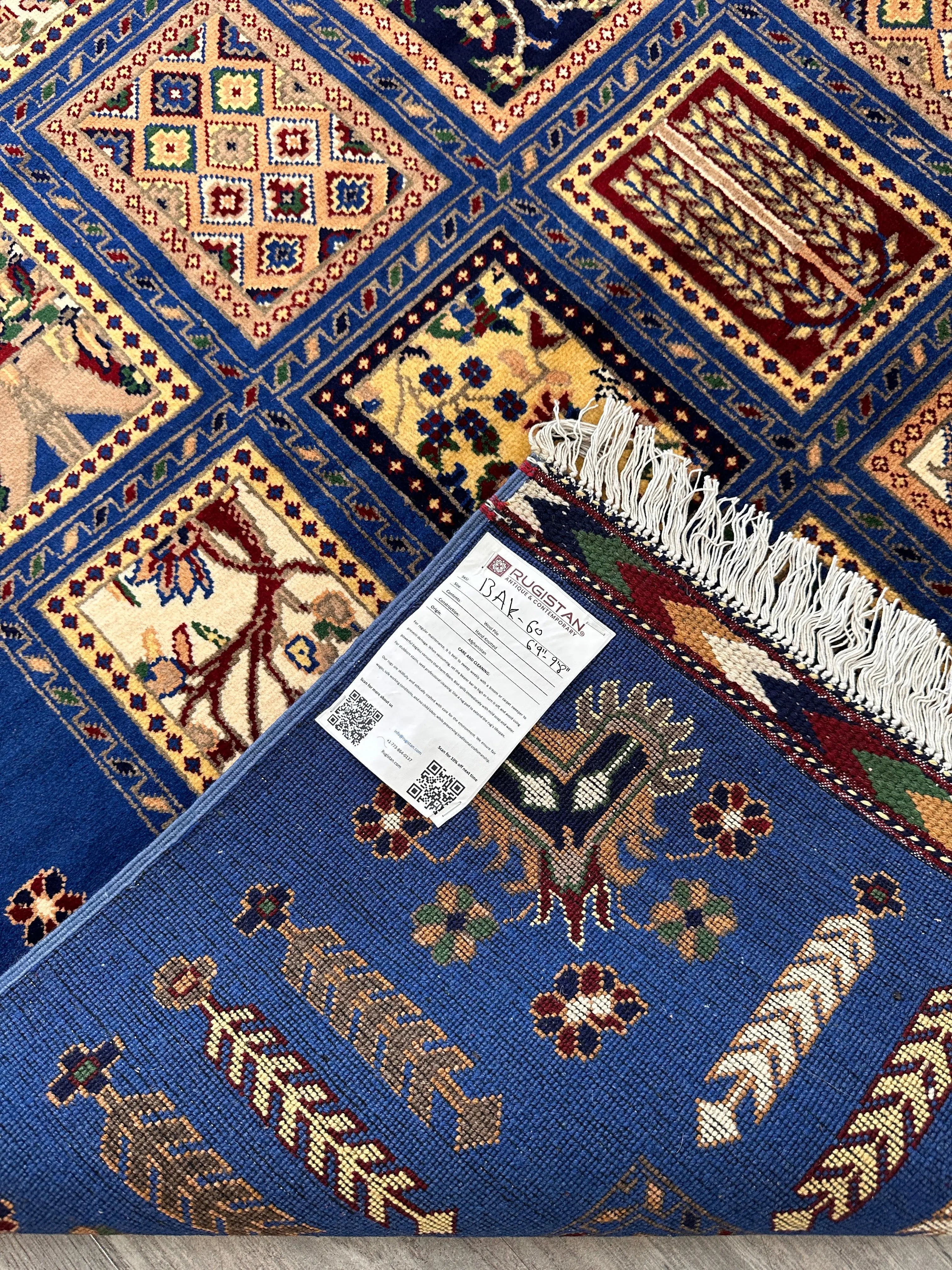 6'9″ x 10' Hand-Knotted Afghani Bakhtiari Wool Rug – Persian Garden Design – Blue & Cream Rugistan