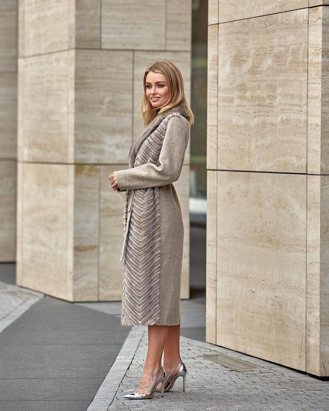 Genuine Mink Fur Rex Fur Trim Virgin Wool Coat in Beige Alaska® Outerwear Company