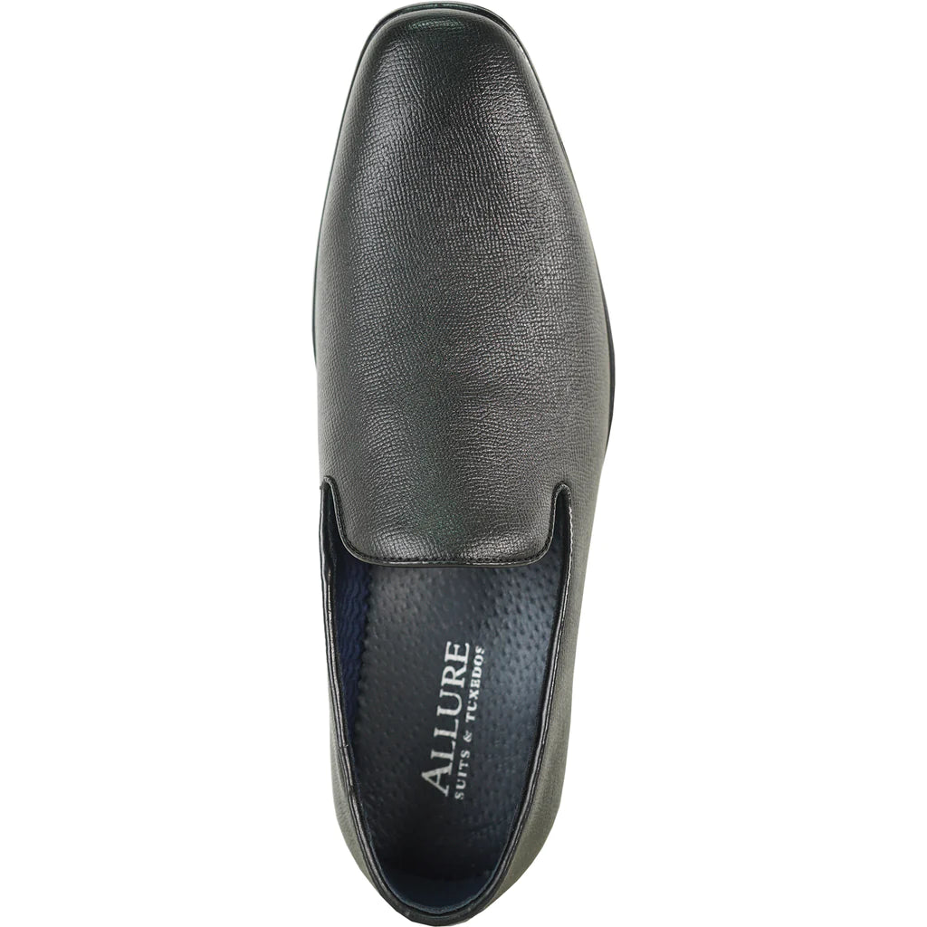 Black leather slip-on shoe with 'Allure' branding on a white background